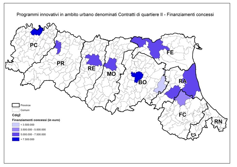 Comuni a cui sono stati concessi finanziamenti dei Contratto di Quartiere II - cartografia elaborata dal Servizio Qualità urbana e politiche abitative (RER)
