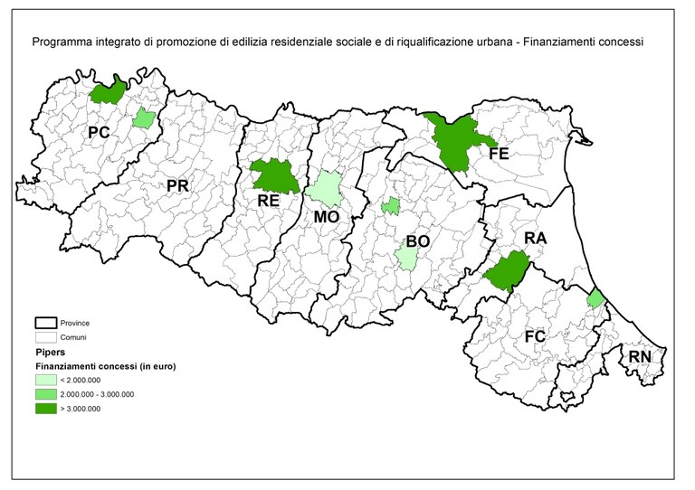 Comuni a cui sono stati concessi finanziamenti dei PIPERS - cartografia elaborata dal Servizio Qualità urbana e politiche abitative (RER)