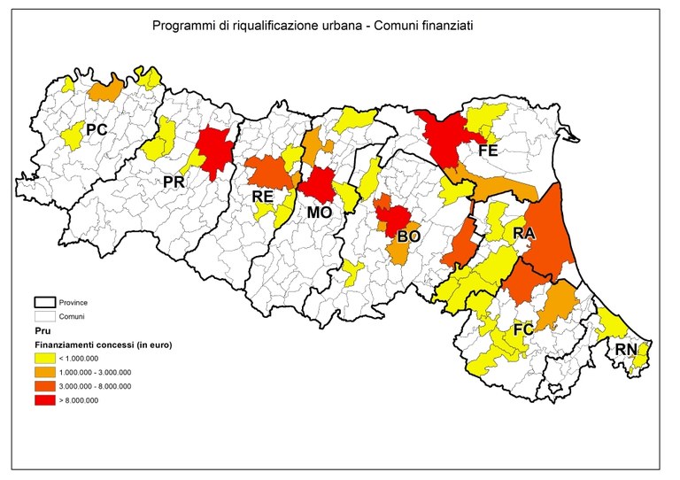 Comuni a cui sono stati concessi finanziamenti dei PRU - cartografia elaborata dal Servizio Qualità urbana e politiche abitative (RER)