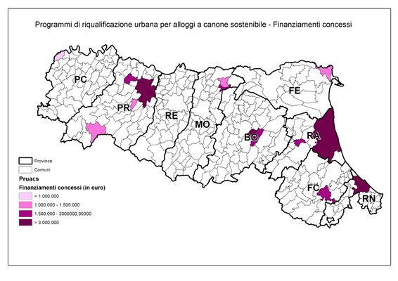 Comuni a cui sono stati concessi finanziamenti dei PRUACS - cartografia elaborata dal Servizio Qualità urbana e politiche abitative (RER)