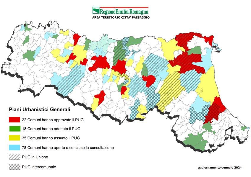 Immagine di una cartina dell'Emilia-Romagna con la situazione di approvazione dei PUG da parte dei comuni della regione