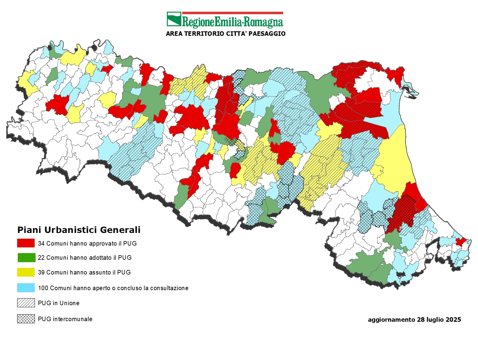 Immagine di una cartina dell'Emilia-Romagna con la situazione di approvazione dei PUG da parte dei comuni della regione