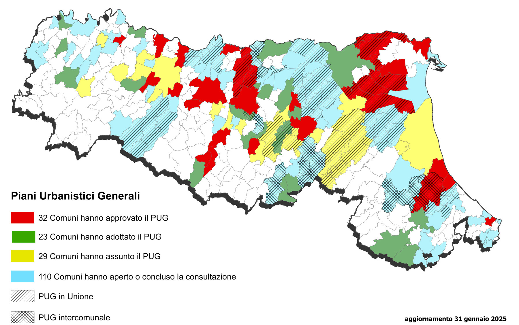 Immagine di una cartina dell'Emilia-Romagna con la situazione di approvazione dei PUG da parte dei comuni della regione
