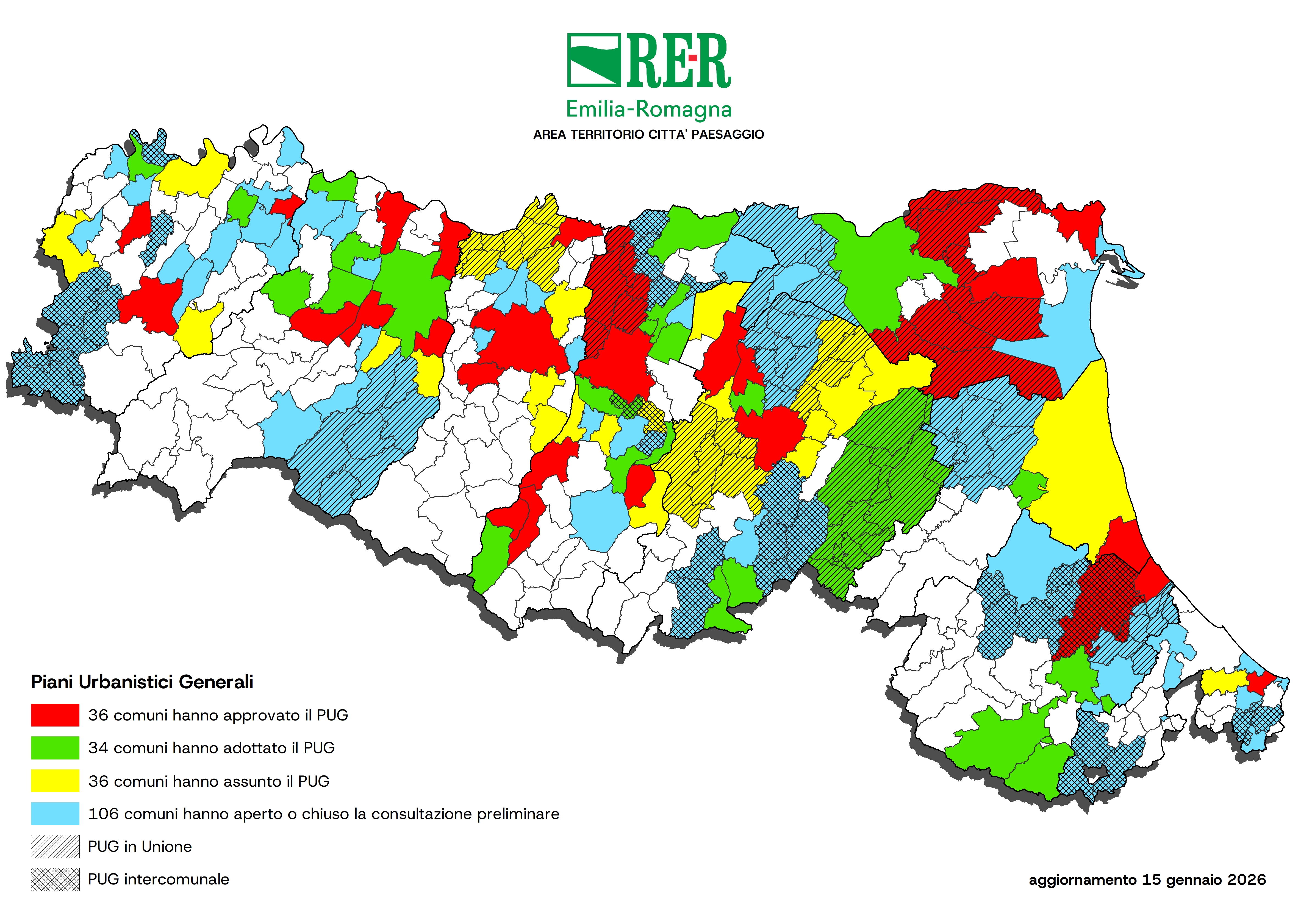 Immagine di una cartina dell'Emilia-Romagna con la situazione di approvazione dei PUG da parte dei comuni della regione