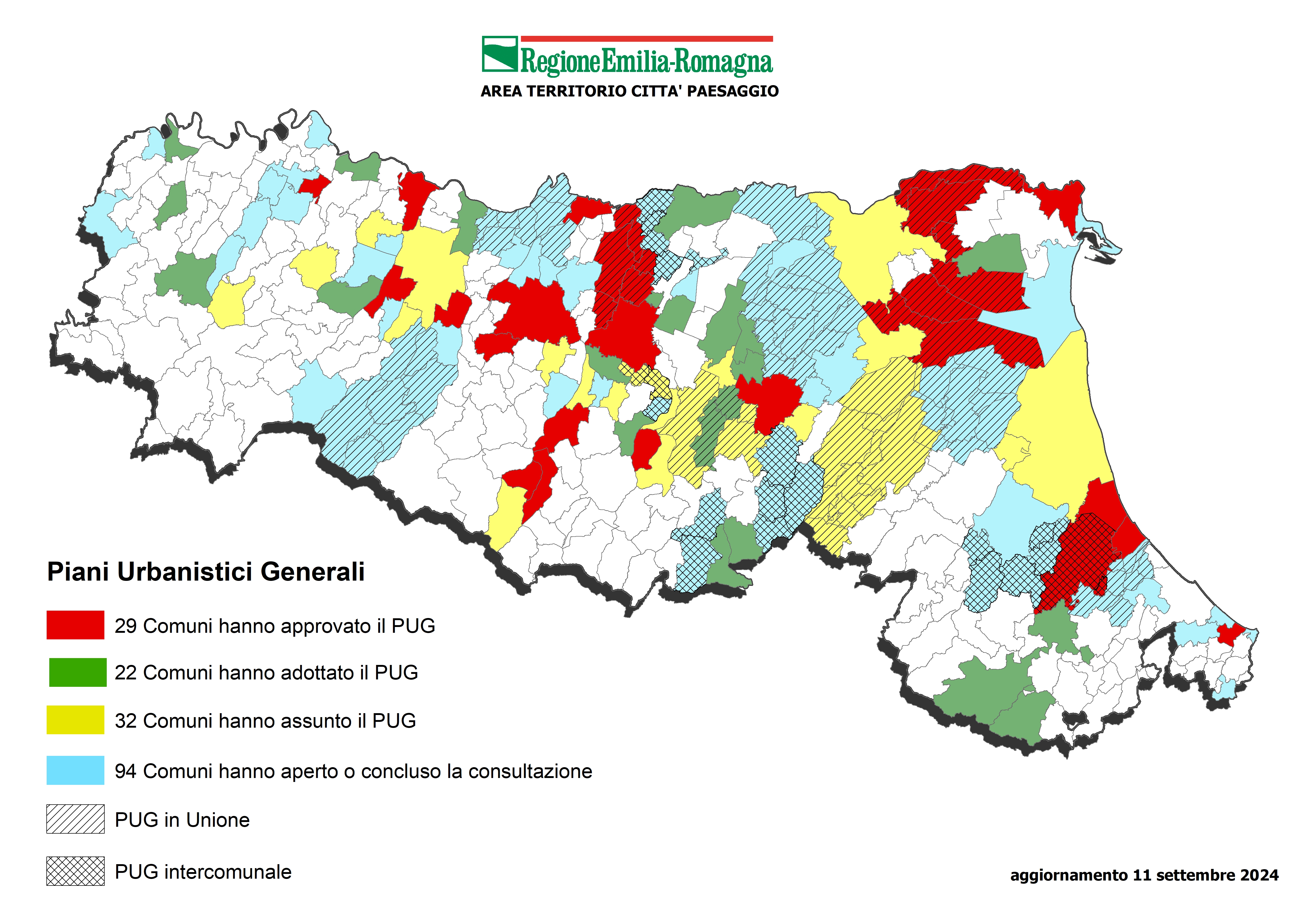 Immagine di una cartina dell'Emilia-Romagna con la situazione di approvazione dei PUG da parte dei comuni della regione